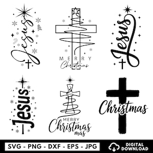 Puede incluir: Una colección de diseños navideños en blanco y negro con cruces y la palabra "Jesús" en cursiva. Algunos diseños incluyen el texto "Merry Christmas" y elementos decorativos como estrellas y copos de nieve. La imagen también incluye información sobre tipos de archivos.