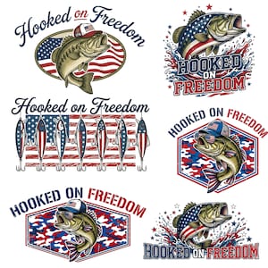 May include: A collection of six graphic designs featuring largemouth bass fish, American flag patterns, and the text Hooked on Freedom. The illustrations include fish wearing hats and sunglasses, fishing lures, and patriotic red, white, and blue motifs.