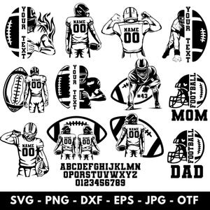 Peut inclure: Une collection de graphismes en noir et blanc représentant des joueurs de football américain dans diverses poses, des casques et des ballons. Les motifs incluent des espaces pour texte, l'alphabet et des chiffres, ainsi que les mentions FOOTBALL MOM et DAD.
