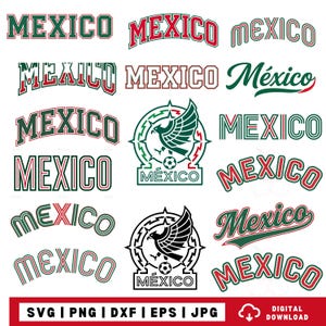 May include: A collection of digital graphic designs featuring the word MEXICO in various fonts, styles, and color combinations of red, white, and green. Some designs include an eagle emblem with a soccer ball, while others use arched text.