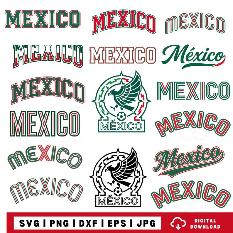 May include: A collection of digital graphic designs featuring the word MEXICO in various fonts, styles, and color combinations of red, white, and green. Some designs include an eagle emblem with a soccer ball, while others use arched text.