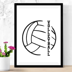 May include: Black framed print featuring a stylized volleyball graphic. The volleyball is depicted in black lines against a white background, with the word "VOLLEYBALL" printed vertically on the right side. A decorative piece for sports enthusiasts.