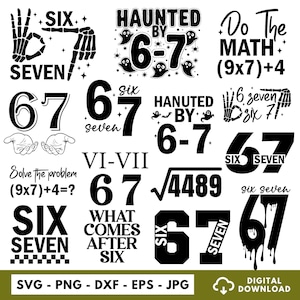 Könnte beinhalten: Eine Sammlung von digitalen Designs zum Thema Halloween in Schwarz und Weiß mit den Zahlen sechs und sieben. Die Designs enthalten Sätze wie "Haunted by 6-7" und "Do the Math (9x7)+4". Das Bild enthält auch Informationen zum Dateityp.