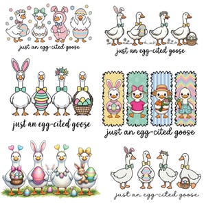 May include: A collection of whimsical illustrations featuring geese dressed in Easter-themed attire. The geese are adorned with bunny ears, floral crowns, and holding Easter eggs and baskets. The text "just an egg-cited goose" is included.