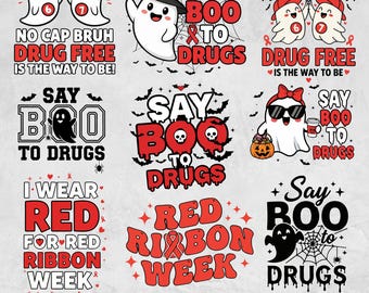 Red Riibbon shirt bbon Week SVG PNG Bundle, Cute Bow Ghosts Red Ribbon Week png, Drug Free svg, Say No To Drugs svg, Anti Drug Awareness svg