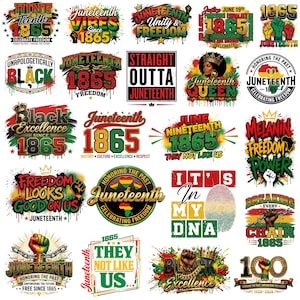 May include: A collection of twenty-one graphic designs celebrating Juneteenth, featuring text such as Juneteenth 1865, Black Excellence, and Freedom. The designs incorporate red, black, green, and yellow colors, raised fists, crowns, and chains.