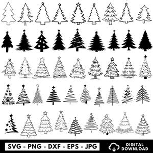 May include: A selection of black and white Christmas tree illustrations in diverse styles. The image features detailed line drawings and solid silhouettes of trees, some with star toppers. The bottom of the image includes the text "SVG - PNG - DXF - EPS - JPG" and "DIGITAL DOWNLOAD".