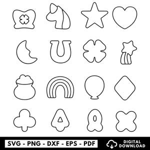 May include: Black and white line art illustrations of various shapes, including a four-leaf clover, unicorn, star, heart, crescent moon, horseshoe, and rainbow. The image also includes a pot of gold, balloon, diamond, and other shapes. The bottom of the image includes the text "SVG - PNG - DXF - EPS - PDF".