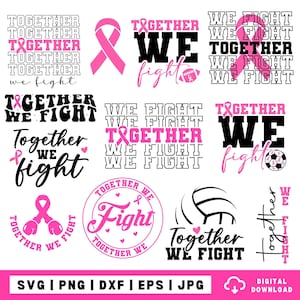 Op de afbeelding: Een verzameling digitale grafische ontwerpen met de tekst Together We Fight en roze bewustwordingslinten. De ontwerpen bevatten diverse lettertypes, lay-outs en sportgerelateerde iconen zoals een football, voetbal en volleybal.