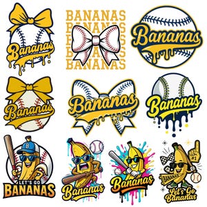 May include: A collection of baseball-themed graphics featuring the word "Bananas." Designs include baseballs with yellow accents, a bow-tie baseball, and cartoon bananas with sunglasses and baseball bats. The phrase "Let's Go Bananas" is also present.
