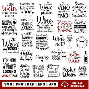 Könnte beinhalten: Eine Sammlung von schwarzen und roten typografischen Designs mit weinbezogenen Sprüchen und Illustrationen von Weingläsern und Flaschen. Der Text enthält Phrasen wie Wine not, Cheers, Save water drink wine sowie zahlreiche deutsche Weinsprüche.