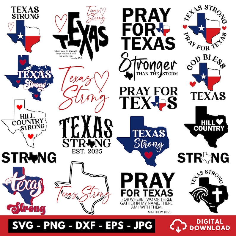 K&ouml;nnte beinhalten: Eine Sammlung digitaler Designdateien mit dem Bundesstaat Texas. Die Designs enthalten die W&ouml;rter "Texas Strong", "Pray for Texas" und andere verwandte Phrasen, zusammen mit der Texas-Flagge und Herzsymbolen. Formate: SVG, PNG, DXF, EPS und JPG.