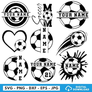 Pu&ograve; includere: Una collezione di design a tema calcio in bianco e nero. Include palloni da calcio con aree di testo personalizzabili, un cuore con un pallone da calcio e un pallone da calcio con il numero 21. Il testo include "YOUR NAME", "NAME" e "Soccer".