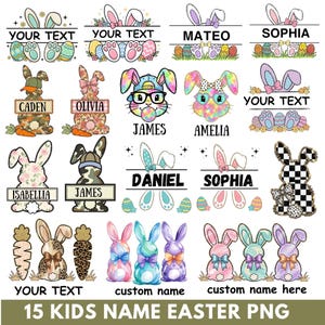 Puede incluir: Una colección de diseños PNG con temática de Pascua con conejitos, huevos y áreas de texto personalizables. Los diseños incluyen conejitos con nombres como James, Amelia y Sophia, y texto que dice "15 KIDS NAME EASTER PNG".