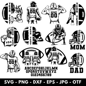 以下が含まれることがあります： アメフト選手、ヘルメット、ボールの白黒デジタルイラスト。カスタマイズ可能なテキストオプション、数字、「MOM」と「DAD」の文字が含まれています。アルファベットと数字も含まれています。