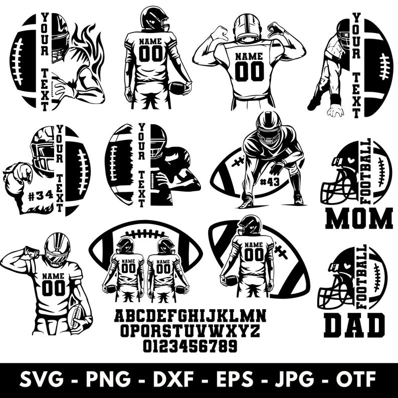 以下が含まれることがあります： アメフト選手、ヘルメット、ボールの白黒デジタルイラスト。カスタマイズ可能なテキストオプション、数字、「MOM」と「DAD」の文字が含まれています。アルファベットと数字も含まれています。