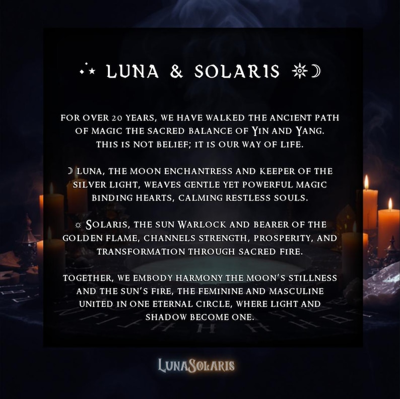 K&ouml;nnte beinhalten: Dunkles Bild mit Text "LUNA & SOLARIS". Der Text beschreibt den alten Pfad der Magie, den Mond und die Sonne. Der Text "LUNASOLARIS" befindet sich am unteren Rand. Im Hintergrund sind Kerzen zu sehen.