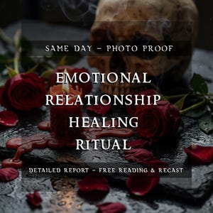 May include: A dark, moody image featuring a lit red candle with melted wax, surrounded by red roses and petals. The text reads "EMOTIONAL RELATIONSHIP HEALING RITUAL" with additional text above and below.