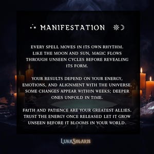 May include: A dark background with the word "MANIFESTATION" in white, along with text about spells, energy, and faith. The image includes lit candles and the LunaSolaris logo.