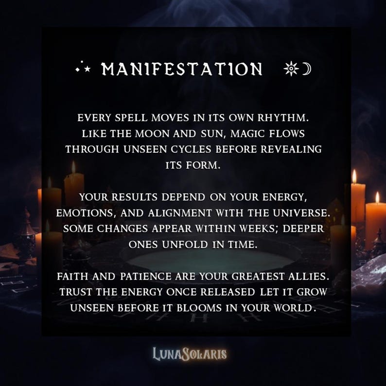 May include: A dark background with the word "MANIFESTATION" in white, along with text about spells, energy, and faith. The image includes lit candles and the LunaSolaris logo.