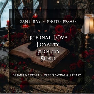 May include: A mystical image featuring a black cat with glowing eyes resting on an open book. Red roses and candles surround the book. Text on the image reads "Eternal Love, Loyalty, Fidelity, Spell".