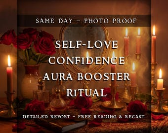 Puede incluir: Imagen con un espejo en forma de corazón, velas encendidas y rosas rojas. El texto en la imagen dice "SELF-LOVE, CONFIDENCE, AURA BOOSTER, RITUAL". También se lee "SAME DAY - PHOTO PROOF" y "DETAILED REPORT - FREE READING & RECAST".