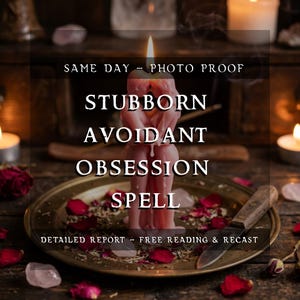 May include: A pink candle shaped like two figures embracing, with the words "STUBBORN AVOIDANT OBSESSION SPELL" in white text. The candle is on a brass plate with rose petals and a knife. The background features candles and wooden surfaces.