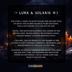 May include: Dark background with text that reads "LUNA & SOLARIS". The text describes the balance of Yin and Yang, the moon enchantress, and the sun warlock. The bottom of the image has the text "LUNASOLARIS".