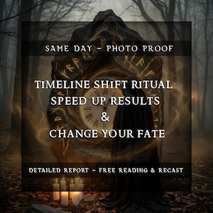 May include: An image with text that reads "SAME DAY - PHOTO PROOF, TIMELINE SHIFT RITUAL, SPEED UP RESULTS & CHANGE YOUR FATE, DETAILED REPORT - FREE READING & RECAST." The image features a clock, a dark figure, and candles.