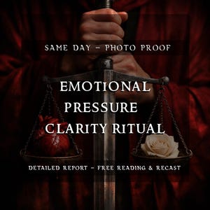 Op de afbeelding: Een afbeelding met een weegschaal met een hart aan de ene kant en een roos aan de andere kant. De tekst luidt "EMOTIONAL PRESSURE CLARITY RITUAL". Extra tekst omvat "SAME DAY - PHOTO PROOF" en "DETAILED REPORT - FREE READING & RECAST".