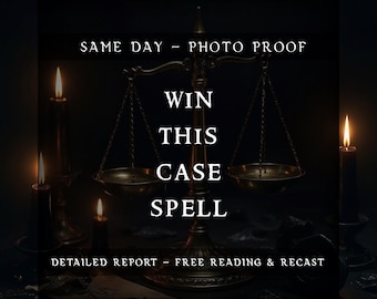 Może przedstawiać: Mroczny obraz z wagą w centrum i białym napisem "WIN THIS CASE SPELL". Widoczne są również słowa "SAME DAY - PHOTO PROOF" i "DETAILED REPORT - FREE READING & RECAST". Zapalone świece tworzą mistyczną atmosferę.