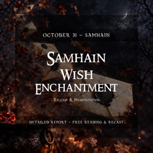 Może przedstawiać: Grafika cyfrowa z tekstem OCTOBER 31 - SAMHAIN, SAMHAIN WISH ENCHANTMENT, RELEASE & MANIFESTATION oraz DETAILED REPORT - FREE READING & RECAST. Obraz przedstawia kopertę z woskową pieczęcią, ciemny kociołek i jesienne liście.