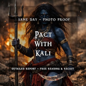 May include: An image featuring a figure with blue skin, adorned with jewelry, holding a trident and a curved blade. The text reads "PACT WITH KALI" with additional text above and below. The background shows a fiery scene.