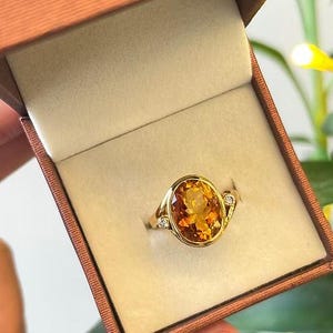 Citrine & Diamond Ring in 18K Gold, Oval Cut 5.47 CT Citrine Ring with Diamonds, Luxury Yellow Gold Statement Ring, Size 7/8 US