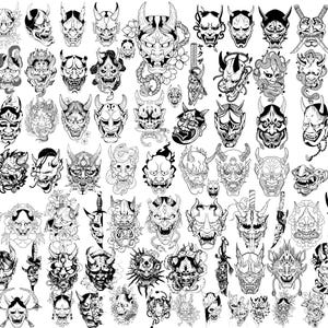 May include: A detailed collection of black and white illustrations featuring various Japanese demon masks. Each mask displays unique characteristics, including horns, fangs, and elaborate patterns. Some are decorated with flowers or weapons.