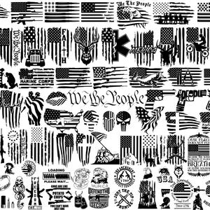 May include: A collection of black and white patriotic designs, including American flags, guns, eagles, and text such as "We the People", "Marine Corps", and "Right to Bear Arms". The designs are suitable for various applications.