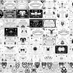 May include: A collection of Ouija boards in various shapes and designs. The boards feature the alphabet, numbers, and the words "yes," "no," and "goodbye." The color scheme is primarily black and white, with gothic and occult-themed illustrations.