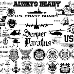 May include: A collection of black and white United States Coast Guard (USCG) themed graphics. Includes text such as "Always Ready", "Semper Paratus", and various USCG emblems, ships, helicopters, and anchors. The designs are suitable for apparel or accessories.