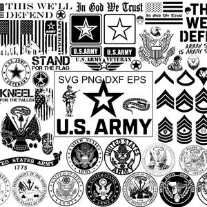 May include: A collection of U.S. Army-themed graphics in black and white. Includes the U.S. Army logo, stars, eagles, flags, and text such as "This We'll Defend" and "In God We Trust." Also features military rank insignias and seals.
