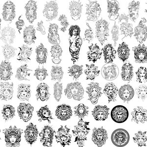 May include: A selection of black and white Medusa illustrations. The images showcase diverse artistic interpretations of Medusa's face and upper body, with snakes replacing her hair. The illustrations vary in style, from detailed line art to more stylized designs.