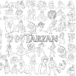 Może przedstawiać: Czarno-biała grafika liniowa przedstawiająca różne postacie i sceny z filmu animowanego "Tarzan". Słowo "Tarzan" jest wyraźnie wyświetlane pośrodku. Obraz zawiera wizerunki Tarzana, Jane, goryli i innych postaci.