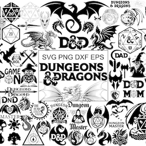May include: A selection of black and white Dungeons & Dragons themed graphics. Features dice, dragons, swords, and text reading "Dungeons & Dragons", "Critical Role", and "Dungeon Master". Ideal for crafting.