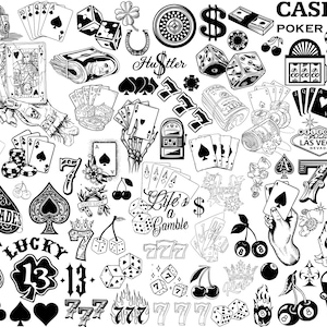 May include: Black and white illustrations of casino-themed elements, including playing cards, dice, slot machines, dollar signs, and the text "Casino Poker". The image features various card suits, lucky sevens, and the words "Ace of Spades" and "Life's a Gamble".