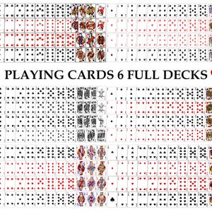 May include: Arrangement of playing cards from six full decks, showcasing suits of hearts, diamonds, clubs, and spades. The text "PLAYING CARDS 6 FULL DECKS" is displayed across the image. The cards are arranged in rows and columns.