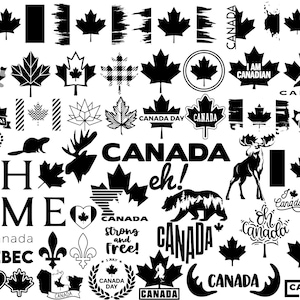 May include: A collection of black and white Canadian-themed graphics. Includes maple leaves, flags, text that says "Canada", "I am Canadian", "O Canada", and other patriotic symbols. Perfect for stickers, decals, or digital art.