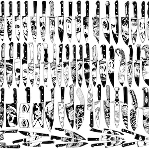 Könnte beinhalten: Eine Sammlung von schwarz-weißen Messern mit verschiedenen Designs. Die Klingen zeigen detaillierte Illustrationen von Gesichtern, Schädeln und floralen Mustern. Die Messer variieren in Größe und Form, einschließlich Kochmessern und Hackmessern.