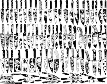SVG File 70 Knife Blade Engraving Tattoo Style Laser Cricut Mega Pack Bundle hunting steel craft Damas forged png hd art cricut silhouette