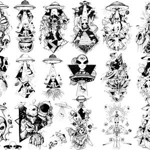 Puede incluir: Una colección de ilustraciones en blanco y negro con varios diseños de extraterrestres, ovnis y formas geométricas. La obra de arte incluye representaciones detalladas de seres extraterrestres, naves espaciales y composiciones abstractas.