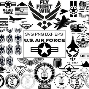 May include: A selection of black and white U.S. Air Force themed graphics. Features the U.S. flag, aircraft silhouettes, insignia, and the text "U.S. AIR FORCE", "FLY FIGHT WIN", and "SERVED WITH PRIDE".