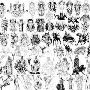 Può includere: Una collezione di illustrazioni in bianco e nero raffiguranti figure e creature mitologiche. Le immagini includono dei, dee e bestie mitiche, come Cerbero, in uno stile artistico dettagliato, adatto a varie applicazioni.